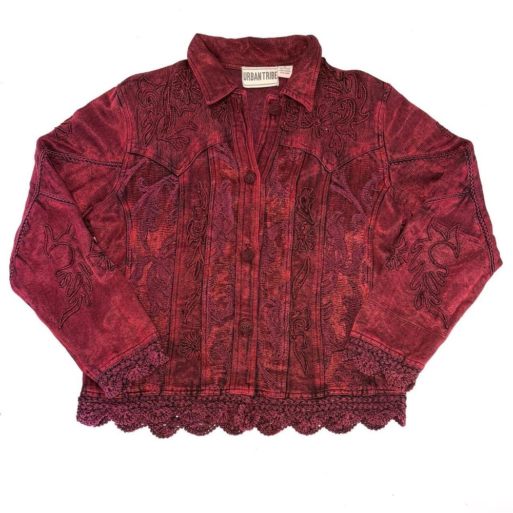 Burgundy embroidered tapestry button up shirt with lace trim